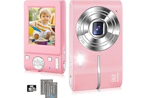 AQUOTA Digitalkamera 50MP 1080P HD Fotokamera mit 32GB Speicherkarte, Tragbare Kompaktkamera 16X Digitalzoom mit 2 Wiederaufladbaren Akkus, Fotoapparat für Kinder, Teenager, Jungen, Mädchen (Rosa)