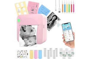 DSXVJHD Portable Thermal Printer with 14 Rolls Paper, Bluetooth Wireless Sticker Pocket Printer, Mini Label Machine for Note Picture Journal Gift (Pink)