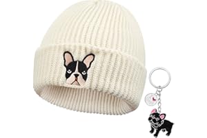 Geyoga French Dog Gifts Set for Women Men Christmas Beanie Hat with Embroidered Knit Unisex Winter Hat and French Dog Keychain Small Keyring Embroidered Gifts for Animal Enthusiast