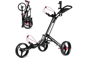 ‎GYMAX GYMAX Klappbarer Golfwagen, 3-Rad Golf Push Trolley, Golftrolley mit höhenverstellbarer Griff & Regenschirmhalter & Anzeigetafeln, Golfcaddy aus Aluminium, schwarz