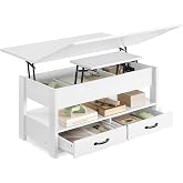 VASAGLE Coffee Table, Height Adjustable, 2 Drawers, with Gas Piston | SIREN LCT254W02 3 Compartments Under the Board, 1 Open
