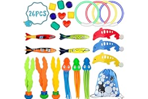 HEAWAA 26pcs juguete de buceo conjunto, juguetes de natación piscina con anillos de buceo torpedo bandidos delfín pulpo alga buceo gemas juguete bajo agua verano juegos para niño niño niña