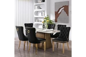 SoarFlash Ensemble de 6 chaises de Salle à Manger en Velours, Chaise tapissée capitonnée avec Bordure en Clous de cuivre, Jambes en Bois Massif plaquées Or pour Cuisine, Noir