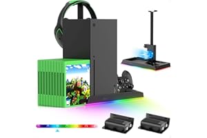 FASTSNAIL 6in1 Vertical Cooling Stand with RGB Light for Xbox Series X,Accessories with 2x1400mAh Batteries,Dual Controller Charging Station,Cooler System with 15-LED Light,Headset Stand,10 Game Slots