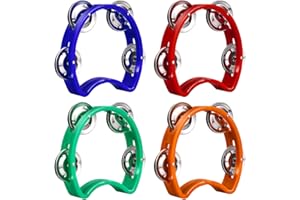 SAVITA 4pcs Mini Percussion Tambourine, Red Orange Blue Green Plastic Percussion Tambourine Cute Half Moon Tambourine Musical Rhythm Instruments for Boys Girls Kindergarten Party Family Gatherings
