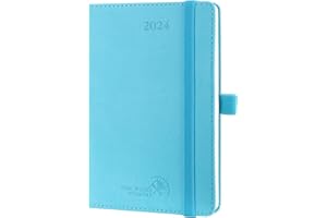 POPRUN Mały Kalendarz 2024 A6 Tygodniowy Książkowy 15,5 x 10,5 cm, Tygodniowy 2024 Planer, Samoprzylepny Uchwyt na Długopis, Twarda Oprawa Miękka Okładka Ze Skóry Wegańskiej i Papier z Certyfikatem FSC® , Niebiesko-zielony