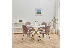 DEYARNA HOME Essgruppe 5-Teilig, 100cm Runder Esstisch und 4 Leinen-Esszimmerstühle, Esstisch und Stühle für 4 Personen, 4 Stühle & Tisch für Küche, Esszimmer und Wohnzimmer (Weiß/Gold+Braun)