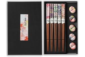 BEKKLPOU 5 Paia Bacchette Sushi Premium - Set Regalo Naturali in Legno di Sandalo - Posate Asiatiche Cinesi Giapponesi Riutilizzabili