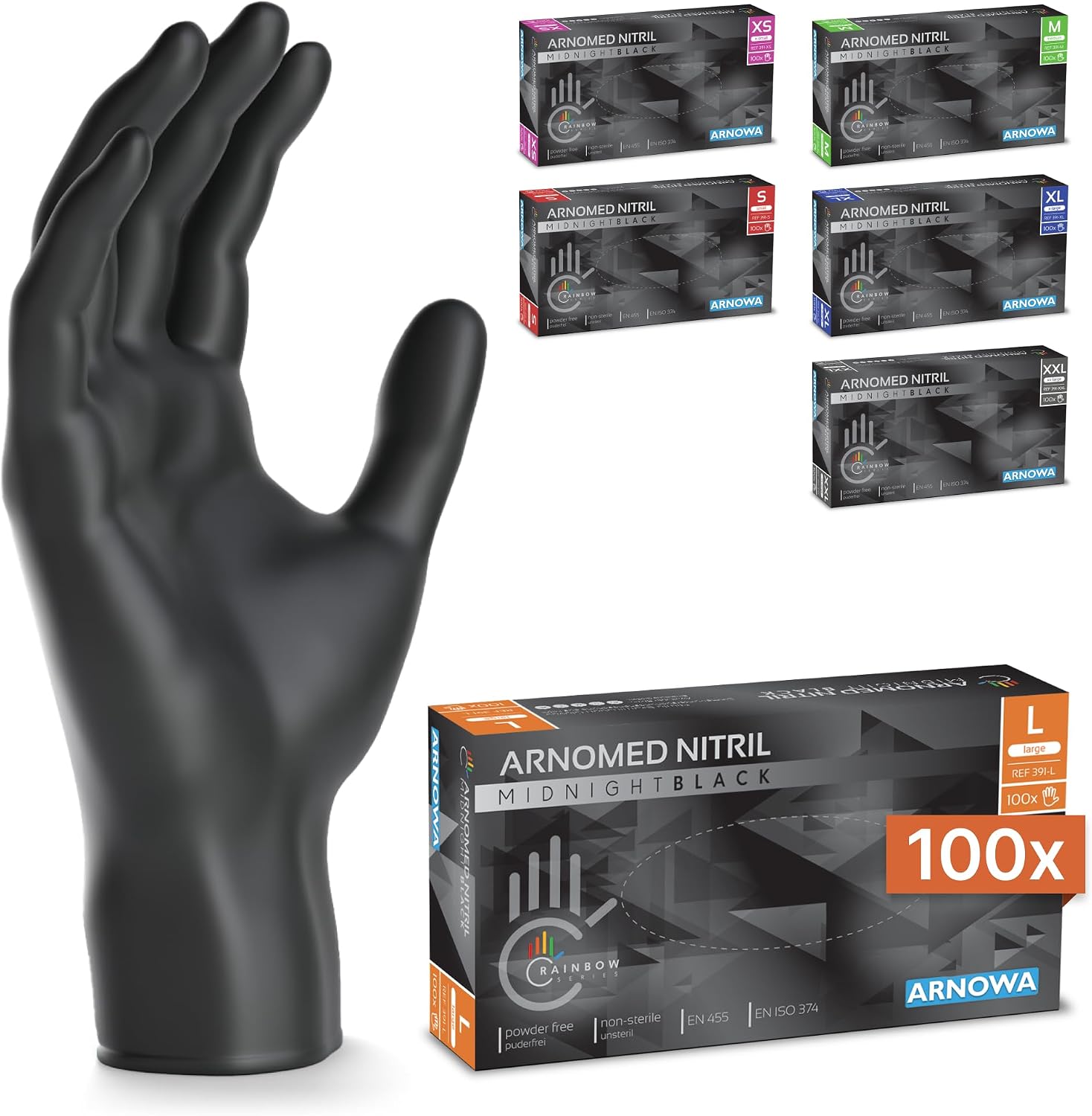 ARNOMED Gants nitrile taille L, gant nitrile noir, 100 pièces/boîte, gants noir jetable non poudrés & sans latex, gants noir, gants de cuisine jetables, gants jetables noir en tailles S, M, L & XL