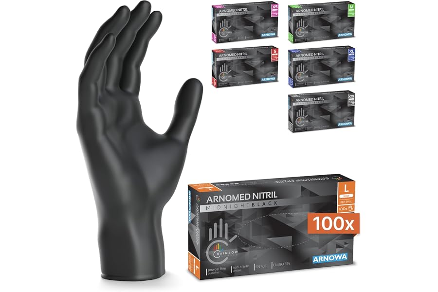 100x ARNOMED® Gants en nitrile taille L Noir, Gants à usage unique pour chirurgie & laboratoire, Gants en nitrile sans poudre