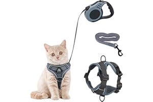 Hiyorsoa Cat Harness and Lead Set,Kitten Harness with Extendable Cat Leash,5m/16.4 Ft Automatic Retractable Dog Lead,Escape Proof Cat Vest Harness,Dog Harness for Cats,Puppy Walking (grey, M)