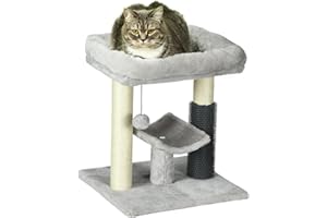 PawHut Albero Tiragraffi con Lettino per Gatti, Piattaforma, Spazzola e Palo in Sisal, Palestra Multilivello per Gatti Grande in Peluche 40x40x48 cm Grigio