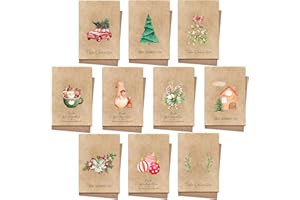PANSIBY Weihnachtskarten mit Umschlag (20 Stück), Klappkarten & Umschlägen Set, Kraftpapier karten Postkarten für Weihnachten, Grußkarte und Briefumschlag