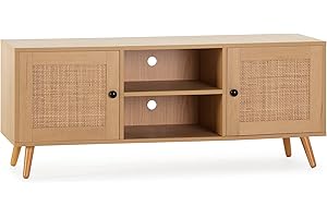 HOMN LIVING Mueble TV Bella 2 Puertas Color Roble con ratán Natural, 120 cm (Ancho) 40 cm (Profundo) 48 cm (Altura)