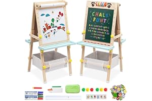 MAYCOLY Kids Easel with Paper Roll Wooden Art Easel Height Adjustable Standing Easel with Bead Numbers Alphabet Animal Accessories Double-Sided Whiteboard & Chalkboard for Toddlers Boys Girls