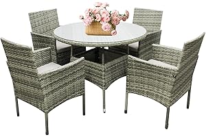 Holywarm 4-Piece Rattan Garden Furniture Set with Round Dining Table & Cushioned Chairs - Weather-Resistant Outdoor Patio Set for Garden, Balcony, Poolside (Mix Grey)