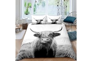 HOMEWISH Highland Mucca Trapunta Copertura King Agriturismo Animale Latte Biancheria Da Letto Set Divertente Carino Mucca Copripiumino Animale Della Fauna Selvatica Copertura Trapunta Copertura Grigio Bianco