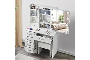 Guanglai Vanity Desk with Lighted Mirror and Light, Makeup Table with 5 Drawers & Cushioned Stool, 3 Lighting Modes Adjustable,White