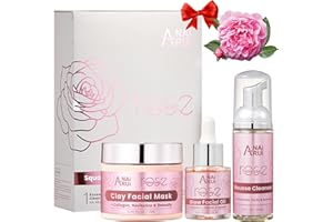 ANAI RUI ANAiRUi Set Cuidado Facial Rosas - Mascarilla Barro Escualeno Rosas 70G, Aceite Facial Vitamina C 20ML, Espuma Limpiadora Agua 60ML, Kit Skincare regalos para mujer