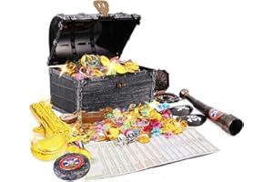 JOYUE Boîte de Coffre au Trésor de Pirate, 50 Pièces d'or de Pirate + 50 Pièces Diamant de Pirate Set, Jouets Enfants Halloween en Plastique Trésor pour Trésor Chasse Décoration de Fête