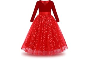 IBAKOM Enfants Filles Robe Velours Manches Longues Robe Col V Paillette Tulle Festival Noël Fête Anniversaire Communion Pageant Bal Tutu Formel Robes Longues