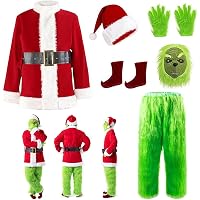 Costume Grinch (Père Noël Vert) 7 Pièces Pour Adulte - Pour Halloween Ou Noël, Fourrure Verte, Masque Inclus, Tailles Disponibles