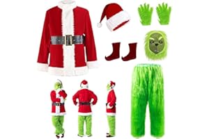 YFMBFV Grinch Kostüm Erwachsene,7 PCS Grinch Weihnachtsmann Outfit Grünes Monster Halloween Christmas Funny Cosplay Costume Props for Women Men