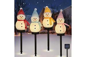 Lewondr Schneemann Weihnachtsdekorationen im Freien, 4PCS Solarlampen für Außen Garten mit Gartenpfählen, Solar Beleuchtete mit 8 Beleuchtungsmodi, Solar Weihnachten Hof Dekoration für Weg