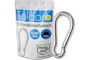 ‎TOLDORO Toldoro Edelstahl Karabiner 80mm Rostfrei - NIRO AISI 316 V4A / Karabinerhaken für Schaukel, Camping oder Slacklines/Feuerwehrkarabiner/Karabiner Set