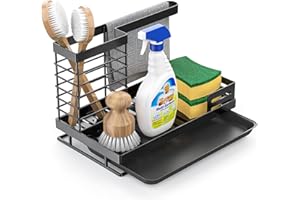 Cocolemon Organizador Sink Caddy Soporte para Utensilios de Cocina, Soporte de Esponja con toallero & Bandeja Extraíble, Gran Capacidad, Negro