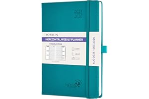 POPRUN Agenda Settimanale 2025 2026 22 x 16,5 cm, Weekly Planner da Ago.2025 a Dic.2026, Nastro segnalibro, Angoli a strappo, Carta Spessa da 100 GSM, Verde Pacifico