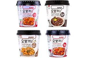 INCYTEFC Young Poong Yopokki Tteokbokki Cup Traditional Korean Topokki Ddukbokgi Instant Rice Cake Stick Snack (1, SET 4 (Garlic, Jjajang, Original, Sweet & Spicy))