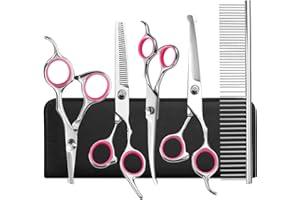 AIXMEET Hunde Fellschere, 5er-Set Professionelle Stainless Steel Hundescheren Set mit Effilierschere zur Fellpflege für alle Hunde Katze Schneiden und Grooming