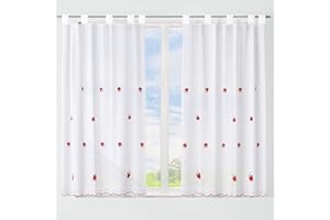 DALINA TEXTIL S.L Dalina Textil - Cortina de Cocina Translúcido con Bordado, Visillo Transparente para Cocina, Comedor, Marco de Puerta 2 Piezas Tejido Gasa Fina(Bordados Fresas, 100x140cm)