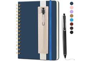 DWIYITTN A5 Spiral Notebook and Pen Set, 160 Lined Pages Navy Blue Faux Leather Hardback Wirebound Notebook A5 with Detachable Pen Holder and Pen for School College Work Home Writing Note Taking