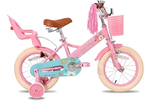 Joystar Little Daisy Vélo pour Enfant 12 14 16 Pouces pour 2, 3, 4, 5, 6 et 7 Ans avec Frein à Main Vélo de Princesse avec Roues Stabilisatrices et Panier Streamer pour Fille Blanc Rose et Bleu