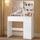 VASAGLE Dressing Table with Mirror, 1 Drawer, Cabinet | 2 Adjustable Shelves, 2 Open Shelves, Modern Style, Cloud White, Cust