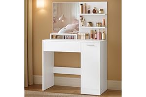 VASAGLE KAILYN Collezione - Toeletta, Tavolo da Trucco con Specchio Grande, Scomparto con 2 Ripiani Regolabili, 1 Cassetto, 2 Mensole, Postazione Trucco Moderna, Bianco RDT119W01