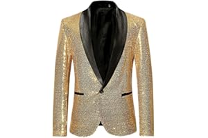 FSFA Blazer Homme à Sequins Dorés Charme Un Bouton Casual Fit Costume Manteau à Manche Longue Elegante Costume Veste Revers Slim Fit Top