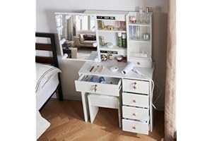 LIANWANG Hollywood Vanity with Lights and Mirror & Brightness Adjustable, Girls Vanity Desk Set with Charging Station, 6 Drawers, 6 Cabinets, Dressing Table with Chair for Bedroom