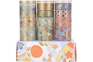 LGEGE Juego de 15 rollos de Washi Tape cintas artísticas, 30/20/15/5 mm de ancho, estampado floral colorido foli dorado, decoración de cinta adhesiva japonesa para álbum de recortes, diario bala (2 m)