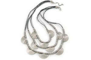Avalaya 3 Strand Grey Cotton Cord Necklace with Metal Rings In Silver Tone - 66cm L/ 4cm Ext