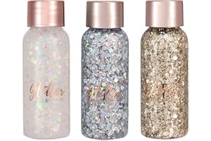 Getervb 3 Pièces Gel Paillettes Visage Festival Body Glitter Gel Paillette Cosmétique Chunky Glitter Liquide Paillette Maquillage Cheveux Ongles Lèvres Makeup (Blanc+Argent+Champagne)