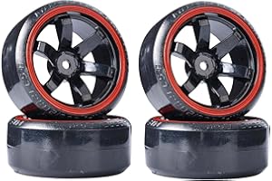 KINGCOO RC Drift Car Wheel and Tyre, 4PCS 63mm Hard Tires Plastic Wheel Rims for 1/10 On-Road Racing Drifting Car Spare Parts for HSP Tamiya HPI Kyosho(Black/Red)