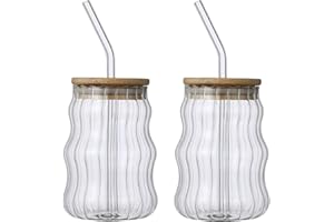 HanOBC Lot de 2 verres à boire créatifs de 500 ml en forme de vague avec couvercles et pailles, verres à bière, verres à café glacé, verres vintage côtelés pour boissons, jus