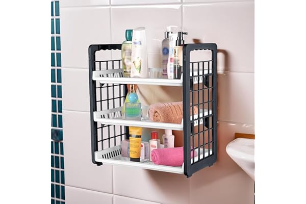 Kuber Industries 3-Tier Wall Mount Plastic Bathroom Stand Stackable Bathroom Shelf Vegetable Rack for Kitchen Onion and Potato Basket Kitchen Vegetable Storage Rack White & Grey