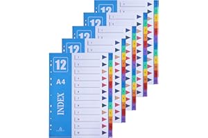 AMO HERMOSO 5 unidades Separadores Archivador A4, Divisores de Archivos con Número 1-12, multicolor, Resistente Cartón Reciclado. A4 Index 12 Pestañas