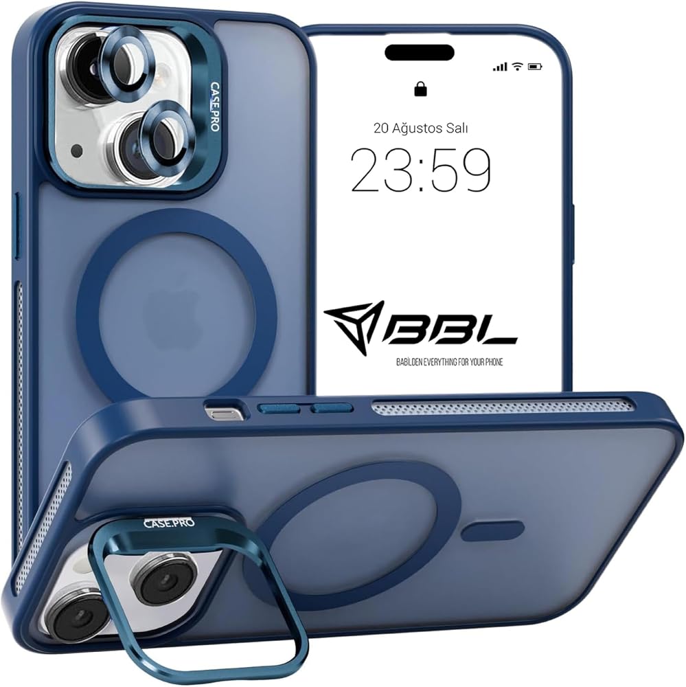 Babilden iPhone 13 İçin Kılıf Kamera Korumalı Magsafe İle Uyumlu Kablosuz Şarj Özellikli Mat Şeffaf Renkli Standlı Lens Hediyeli Telefon Kılıfı (Lacivert)