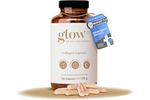 ‎GLOW25 Glow25® Kollagen Kapseln hochdosiert [180 Kapseln] mit Hyaluronsäure und Vitamin C | Premium Collagen Complex | Laborgeprüft