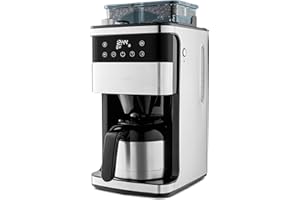 MEDION Machine à café avec moulin et thermos (1 litre, max. 8 tasses, 8 niveaux de mouture, max. 1000 watts, minuterie, écran LED, stop-goutte, filtre permanent, MD19911)